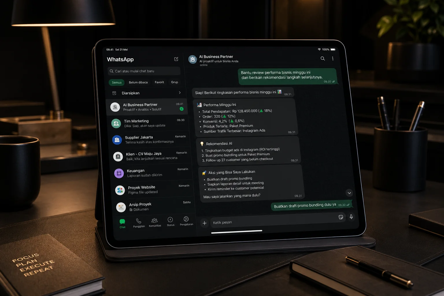 Mockup bot asisten pribadi WhatsApp Jaspur